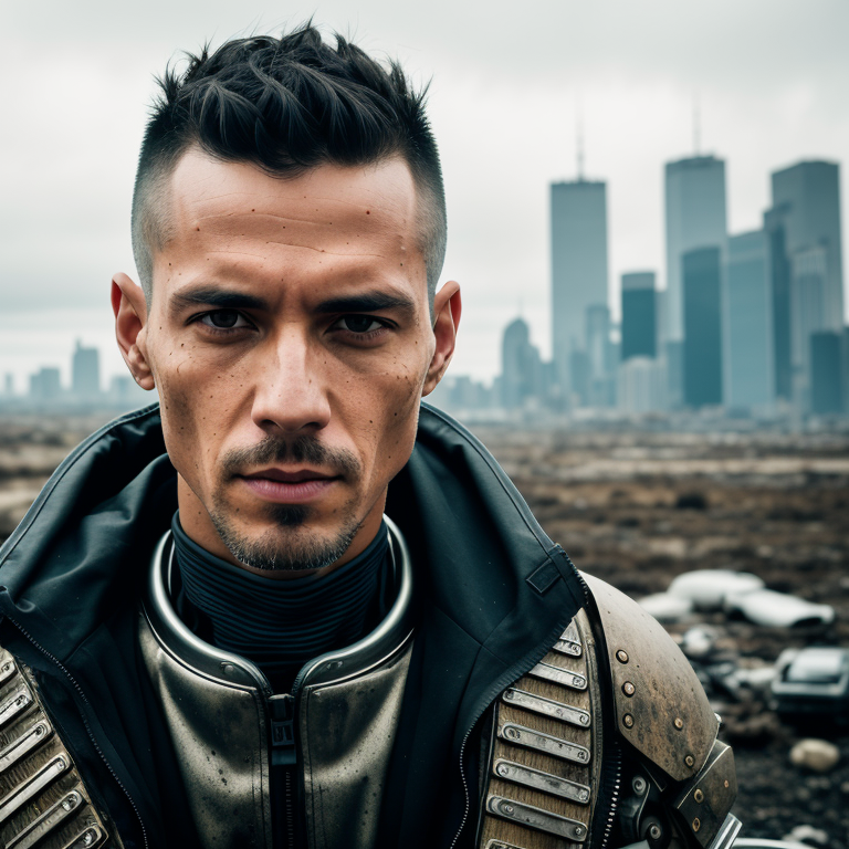 RAW photo, 1man, biopunk style, a portrait of man in clothes, short haircut, slim body, wasteland city, cloudy weather, (h...